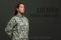 Female soldier mockup psd standing in at ease position