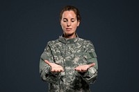 Female soldier mockup psd presenting invisible hologram