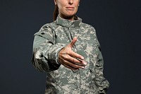 Female soldier mockup psd extended out her hand