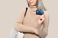 Credit card mockup psd presented by a woman