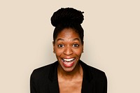 African-American woman smiling mockup psd on beige background