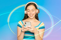 Smiling woman mockup psd streaming music with smartphone digital remix
