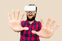 Bearded man having fun with VR headset digital device