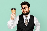 Businessman mockup psd holding coffee cup