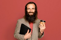 Businessman mockup psd holding coffee cup