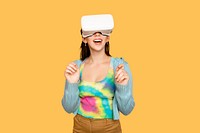 Beautiful woman mockup psd having fun with VR headset digital device