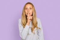 Woman shushing gesture mockup psd on purple background