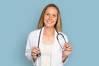 Cheerful woman doctor using stethoscope