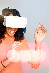 Smiling woman having fun with VR headset digital remix