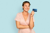 Cheerful shopaholic woman mockup psd holding credit card cashless payment