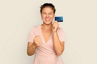 Cheerful shopaholic woman mockup psd holding credit card cashless payment