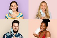 Smiling diverse people taking off face mask in the new normal