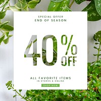 Online houseplant shop template vector with 40% off promotion