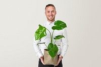 plant lover mockup psd holding potted monstera