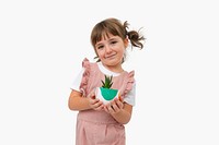 Little girl mockup psd with small potted aloe vera