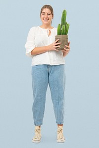 Happy plant lady mockup psd holding potted cereus cactus