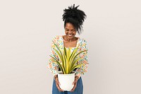 Happy plant lady mockup psd holding potted golden flame snake plant
