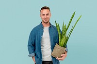 Plant parent mockup psd holding potted snake plant