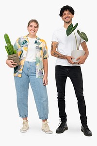 Happy plant lover couple holding potted houseplants