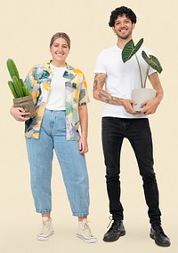 Happy plant parents mockup psd holding potted plants