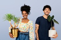 Plant parent couple mockup psd holding potted houseplants