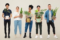 Happy plant parents mockup psd holding their houseplants