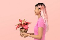 Asian plant lady mockup psd holding potted aglaonema side view