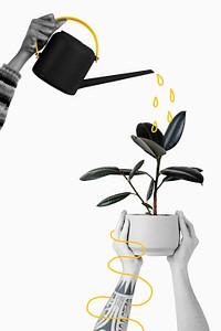 Plant care mockup psd in black and white illustration remix