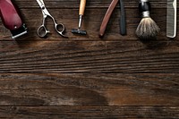 Vintage border salon tools on a wooden table in jobs and career concept