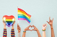 LGBTQ+ pride celebration mockup psd with hand and crowd cheering