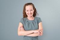 Confident European businesswoman mockup psd smiling closeup portrait for jobs and career campaign