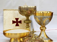 Holy water and chalices. Original public domain image from Wikimedia Commons