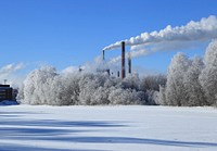 The Varsasaari island in Hollihaka, Oulu. Stora Enso factories in the background. Original public domain image from Wikimedia Commons
