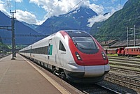 A Swiss Federal Railways train type RABDe 500 on the Gotthard route. Original public domain image from Wikimedia Commons