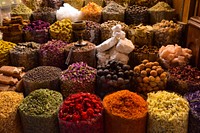 Various of spices in the market. Original public domain image from Wikimedia Commons