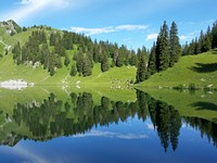 Lake Oberstockensee. Original public domain image from <a href="https://commons.wikimedia.org/wiki/File:July_view_of_lake_Oberstockensee_in_Simmental_Bernese_Oberland_Valley,_Swiss_alps.jpg" target="_blank">Wikimedia Commons</a>