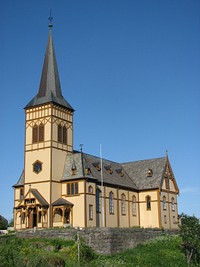 Vågan Church (Lofoten Cathedral) in Kabelvåg, Nordland in Norway from 1898. Wooden church in Gothic revival style. Architect Carl Julius Bergstrøm. Original public domain image from Wikimedia Commons