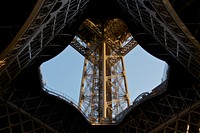 Looking up, through the center, the south pillar of the Eiffel Tower, Paris. Original public domain image from <a href="https://commons.wikimedia.org/wiki/File:Tour_Eiffel_pilier_sud_vu_de_dessous.jpg" target="_blank" rel="noopener noreferrer nofollow">Wikimedia Commons</a>