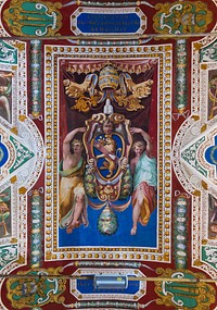 Coat of arms of Pope Sixtus V, ceiling of the Gallery of the Geographical maps. Original public domain image from Wikimedia Commons