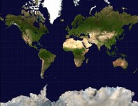 Mercator projection of the Earth. Source image is from NASA's Earth Observatory "Blue Marble" series. Original public domain image from Wikimedia Commons