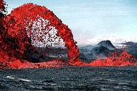 Arching fountain of lava. Original public domain image from <a href="https://commons.wikimedia.org/wiki/File:Pahoeoe_fountain_edit2.jpg" target="_blank">Wikimedia Commons</a>