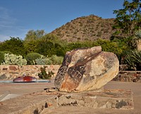 A petroglyph mounted outside Taliesin West, renowned architect Frank Lloyd Wright&#39;s winter home and school in the desert outside Scottsdale, Arizona, from 1937 until his death in 1959.