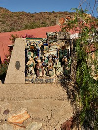 One of several Chinese ceramic theatre friezes at Taliesin West, renowned architect Frank Lloyd Wright&#39;s winter home and school in the desert outside Scottsdale, Arizona, from 1937 until his death in 1959.