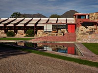 Exterior view of the drafting studio at Taliesin West, renowned architect Frank Lloyd Wright&#39;s winter home and school in the desert outside Scottsdale, Arizona, from 1937 until his death in 1959.