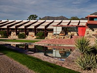 Exterior view of the drafting studio at Taliesin West, renowned architect Frank Lloyd Wright's winter home and school in the desert outside Scottsdale, Arizona, from 1937 until his death in 1959.
