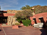 Exterior view of the garden room at Taliesin West, renowned architect Frank Lloyd Wright&#39;s winter home and school in the desert outside Scottsdale, Arizona, from 1937 until his death in 1959.