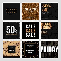 Vector Black Friday golden bold shine text promotional poster template collection