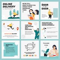 Online delivery Instagram post template, business during COVID-19 set vector