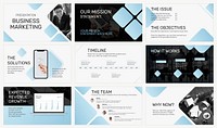 Editable business presentation template psd with blue blocks design set