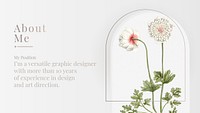 About me social media psd template with white anemone flower illustration 